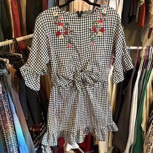 Primark Black & White Gingham Mini Dress with Floral Embroidery